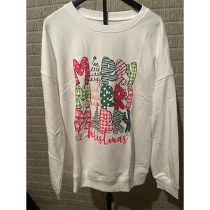 Womens Merry Christmas Graphic Sweatshirt White Crew Neck Long Sleeve Size 2XL